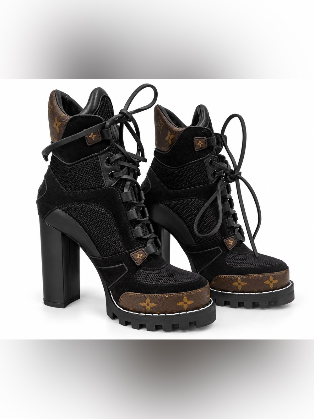 Louis Vuitton Black and Brown Monogram Lace-Up Platform Boots